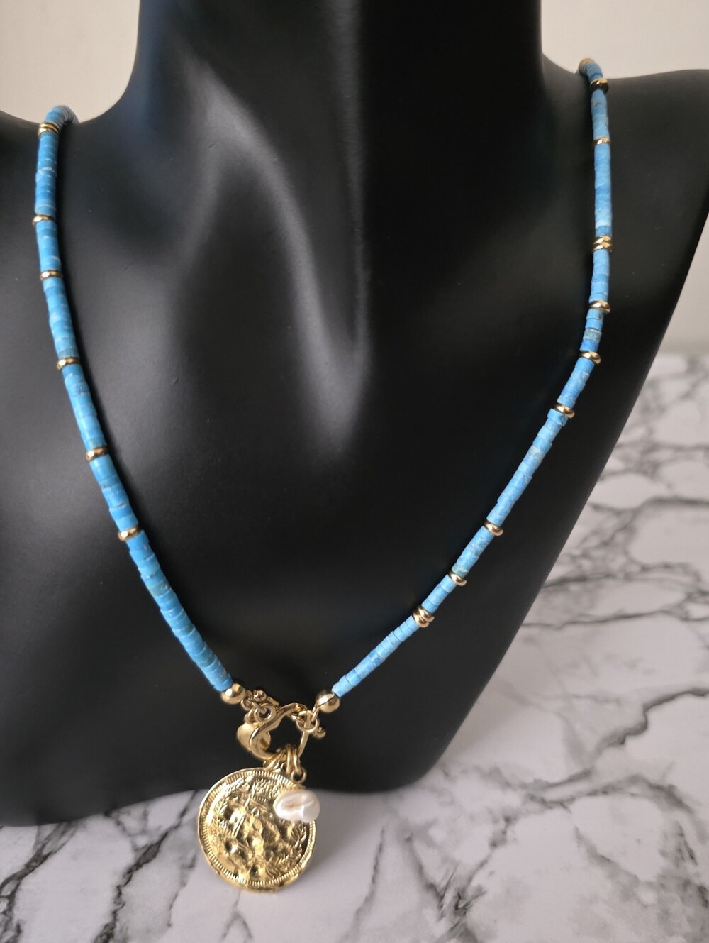 Turquoise Beaded Necklace with Gold Coin and Pearl Charm